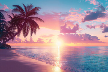 A beautiful sunset over the ocean with a palm tree in the foreground