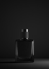 Mockup of glass perfume bottle on dark black background. Bottle template for perfume branding mock up