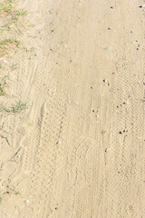 Footprints and tire marks on a sandy path.