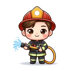 Isolated flat-style illustration of cute firefighter boy with fire hose on wite background.