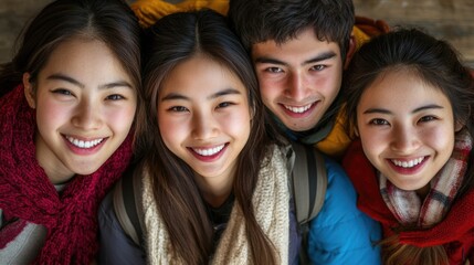 Fototapeta premium Chinese students enjoy winter together while studying in a foreign university campus