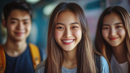Obraz premium A group of Chinese students smiles while studying together on an international campus