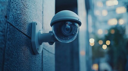 Security camera mounted on a wall in an urban setting