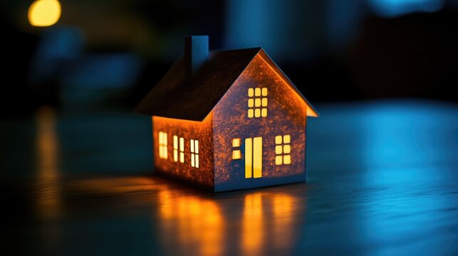 A handcrafted paper house glows warmly against a serene backdrop, ideal for real estate themes