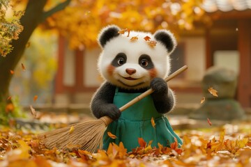 Fototapeta premium Cute Animated Panda Sweeping Autumn Leaves in Garden Wearing Green Apron Image