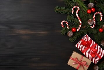 Christmas Festive Gifts & Decorations on Dark Wooden Background