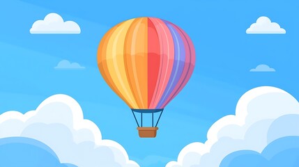 Fototapeta premium Vibrant Hot Air Balloon Floating in Whimsical Illustrative Sky | Simple Flat Design with High-Contrast Colors and Natural Lighting