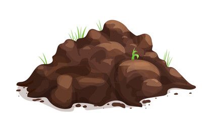 Soil pile, ground heap design element. Organic farming garden compost with grass, dirt. Spring Gardening. Brown mud or turf, clay. 