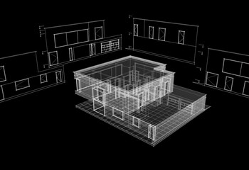 house architectural project sketch 3d illustration