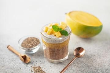 Chocolate chia pudding from coconut milk with mango in a glass.