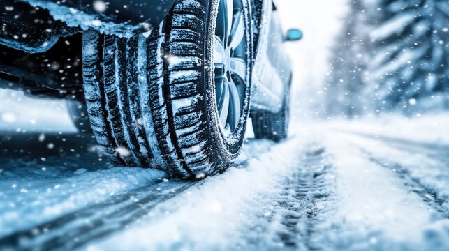 A car equipped with winter tires drives on a snow-covered road while snowflakes fall