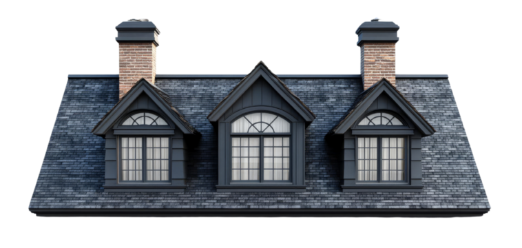 House roof with multiple windows, white isolate background