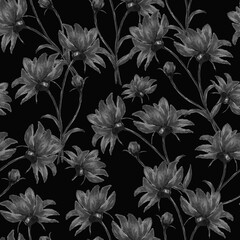 Elegant contrast floral seamless pattern grey  bouquet flowers black background isolated.