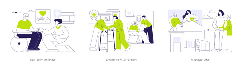 Hospice and palliative medicine abstract concept vector illustrations.