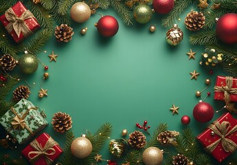 Festive Christmas Background with Green, Red, and Gold Decorations