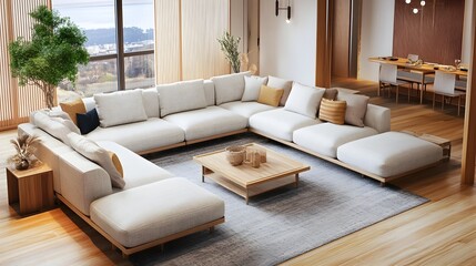 Cozy and Inviting Modern Living Room with Plush L Shaped Sectional Sofa and Chic Contemporary Furniture  The Harmonious Natural Wood Tones and Accent Pieces Create a Refined Japandi Style Interior