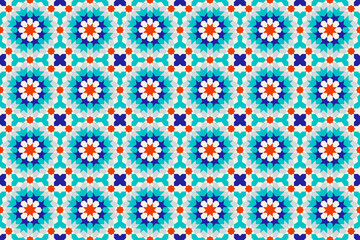 Arabic Mosaic Zellige Colorful Vector. Red, blue and green colors. Seamless