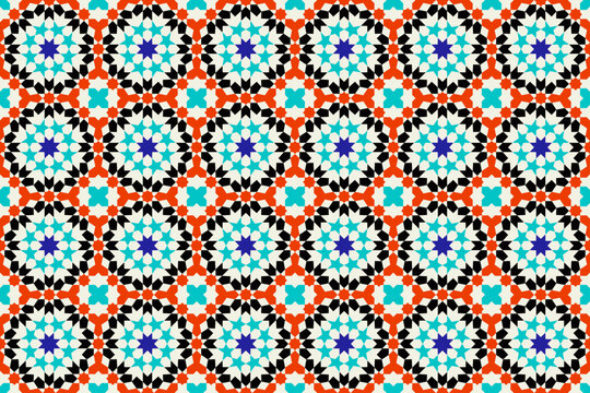 Arabic Mosaic Zellige Colorful Vector. Red, blue and green colors. Seamless