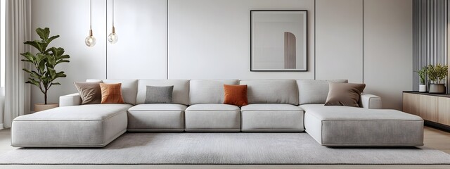 Cozy and inviting modern living room with a large comfortable sectional sofa and minimalist stylish decor the room showcasing a bold and striking contrast between the color elements and the crisp