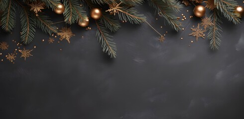 Christmas Background with Pine Branches and Golden Decorations