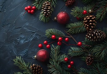 Christmas Ornament Pine Branches Tabletop View