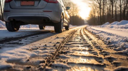Close up of car tires on icy winter road, creating tread marks in snowy conditions