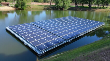 An urban reservoir with a floating solar panel array, shown in aerial view, generating energy and helping to reduce water evaporation.