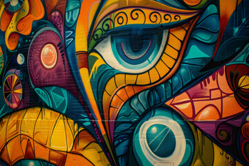 Obraz premium A colorful painting of a face with a large eye and a small mouth