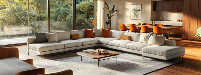 Stylish and sophisticated contemporary living area boasting a plush L shaped sectional sofa and elegant accents showcasing mid century modern design visual fidelity