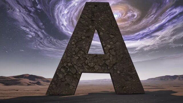 A large rock formation with the letter A carved into it. The image has a moody and mysterious feel to it, as if it is from another world