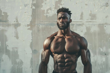 Obraz premium A man with a muscular build stands in front of a wall