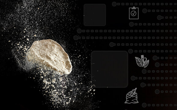 Baking with Digital Recipe. dough make bread, pasta or pizza. Powdery flour flying into air. digital interface image