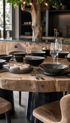 Fototapeta premium A rustic wooden dining table set with black plates, cutlery, and wine glasses. The table is made from a large tree trunk and the chairs are upholstered in brown leather.
