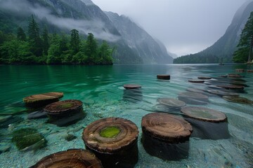 A misty mountain lake with a path of wooden stepping stones leading out into the water.