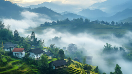 Fototapeta premium Vietnamese mountain villages nestled in the highlands, surrounded by misty hills and terraced fields
