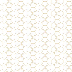 Abstract geometric pattern with crosses, stripes, lines. Seamless vector background. White and gold ornament. Modern reticulated graphic design.