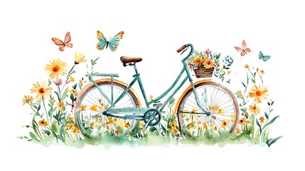 Fototapeta premium Whimsical Bicycle of Freedom and Adventure - Watercolor Clipart with Flowers and Butterflies on White Background