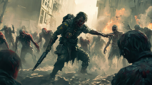 Zombie hunter with rugged armor and battle-worn weapons, fighting off a horde of zombies in an abandoned urban landscape
