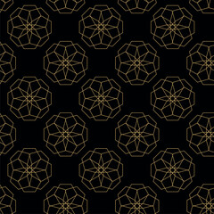 Abstract geometric pattern with crosses, stripes, lines. Seamless vector background. Black and gold ornament. Modern reticulated graphic design.