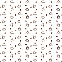 Fototapeta premium Abstract seamless pattern repeating isolated brown cups and coffee beans hand drawn white background