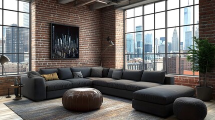 Cozy and Stylish Loft Living Room with Stunning City Skyline View  Spacious and open concept design featuring a large comfortable sectional sofa exposed brick walls
