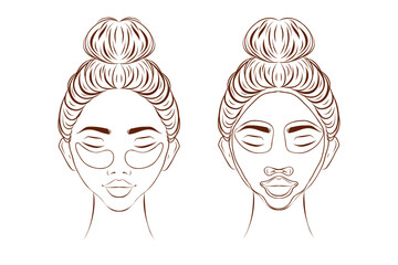 Vector illustration collection of female portraits with facial masks wrapped with hair towel
