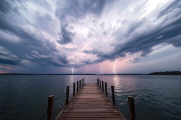 Fototapeta premium sunset on the pier with lightning in a dramatic sky.