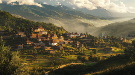 A peaceful Tibetan village, with traditional homes and winding paths, welcoming travelers seeking cultural immersion