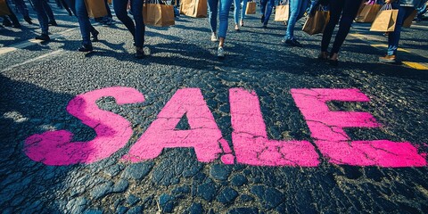 A close-up of a pink Sale inscription on the asphalt against a background of blurred people with colorful bags. The concept of discounts and sales