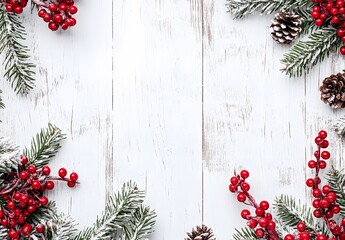 White Wood Christmas Background with Pine & Holly