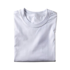Folded plain white t-shirt shown from the front view. The shirt has round neck and is made from soft fabric, ideal for casual outfits or promotional designs. Isolated on transparent background, png.