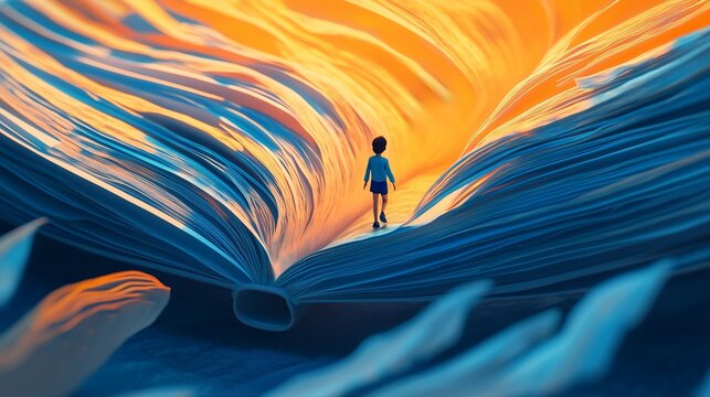 A child exploring a magical world inside an open book at sunset, illustrating the adventure of reading and imagination