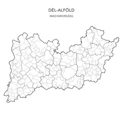 Administrative Map of the Southern Great Plain Region (Dél-Alföld) with Counties (Vármegyék), Districts (Járások) and Municipalities (Télépülések) as of 2024 - Hungary - Vector Map