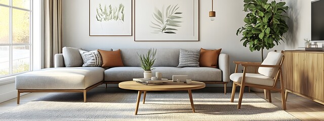 Fototapeta premium Inviting Scandinavian inspired contemporary living area featuring a substantial linen sectional mid century wood furnishings and ample natural illumination showcasing a calm and serene atmosphere